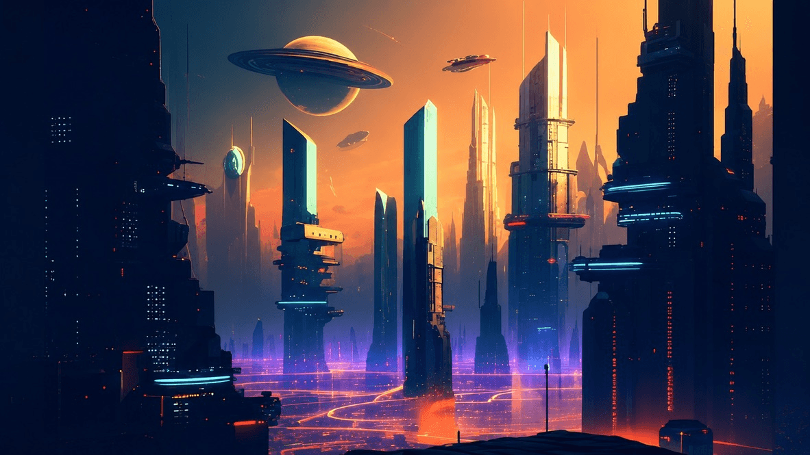 Futuristic city at sunset